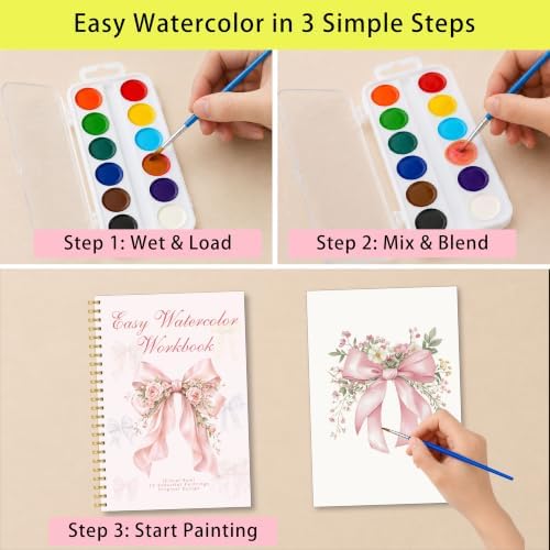 Floral Bow Watercolor Book, Easy Painting Workbook with Palette and Brush - Image 3