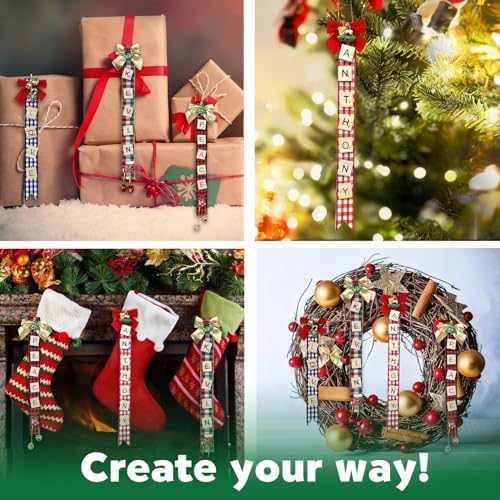 Christmas Ornaments Tree Decorations Personalized Crafts for Adults Kit DIY Ribbon Letter Tiles Bells Rustic Stockings Name Tags Hanging Xmas Decor for Gifts Wreath Holiday(Plaid) - Image 5