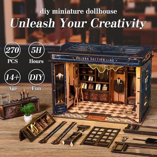 Book Nook Kit, DIY Miniature House Kit for Adult and Teens, 3D Wooden Puzzle Booknook Bookshelf Decor with LED Lights, Gift for Family, Friends, Father's Day, Age 14+ (Golden Section Line) - Image 2