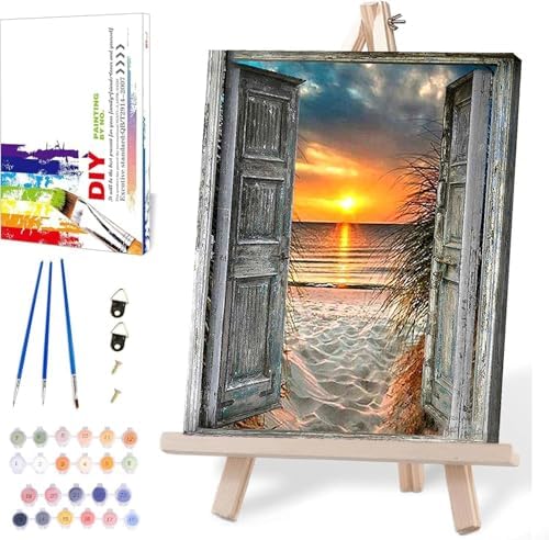 MIRCVSH Sunset Beach Paint by Numbers for Adults-Landscape Paint by Number on Canvas with Wooden Framed,DIY Acrylic Oil Painting by Number Kits for Adults Gift Home Wall Decor(12x16inch) by MIRCVSH
