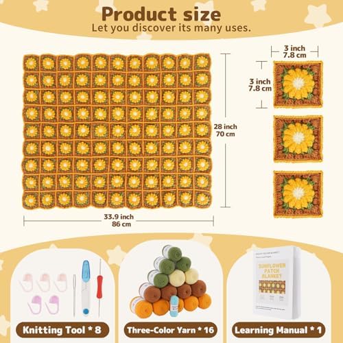 WILSHIN Granny Squares Blanket Crochet Kit for Beginners – Soft Yarns, Detailed Instructions & Step-by-Step Tutorials, Easy Crochet Starter Kit, Craft Gift for Adults (Brown Sunflower) - Image 5