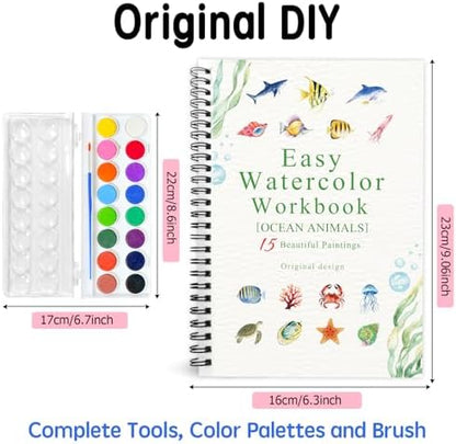 SLWBZ Watercolor Workbook Ocean Animals, 15 Different Patterns of Original DIY Designs, 16 Color Watercolor Paint Plates with Palette and Brush, Beginner-Friendly Watercolor Workbooks, Ocean Animals - Image 2