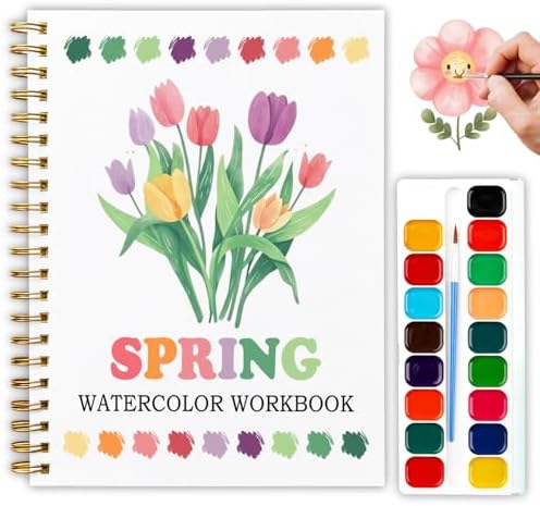 12 Patterns Spring Watercolor Book, DIY Floral Painting Workbook for Beginners, Relaxing Art Gift for Women and Adults, Stress Relief Water Coloring Activities, Spring Theme Paint Set by Unknown