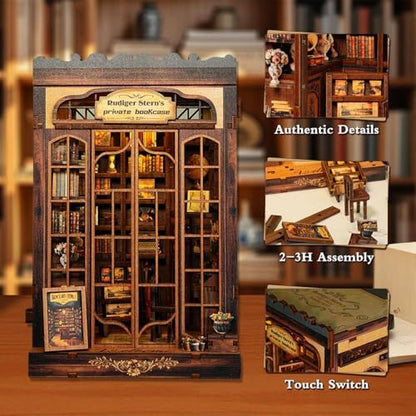 DIY Miniature House Kit, Library Book Nook Kit, 3D Wooden Puzzles Bookshelf Craft Kits, Dollhouse Kit with LED Light, Mini Building Kit for Adults Teen to Build (Retro Bookstore) - Image 3