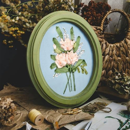 FONNUY Ribbon Embroidery 3D Flowers Pattern Design Kit Embroidery DIY Handwork Set Oval Home Decoration (Champagne Rose) - Image 3