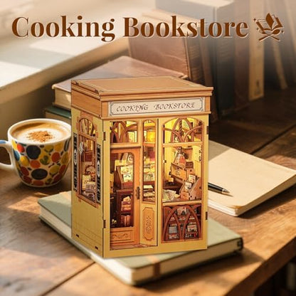 Cutefun Book Nook Kit - DIY Miniature Dollhouse Kit 3D Creative Decorative Bookend 3D Wooden Puzzle for Adults, Bookshelf Insert Library Decor with LED Light (Cooking Bookstore) - Image 5