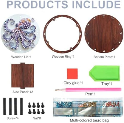antor DIY Diamond Art Painting Storage Box, Octopus Design 5D Crystal Rhinestone Art Wooden Serving Box, Round Snack or Trinket Container Tabletop Ornament for Ocean Decor or Handmade Gift - Image 3
