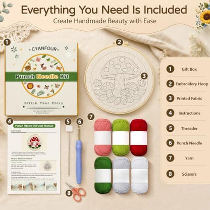 CYANFOUR Punch Needle Kit for Beginners, Mushroom Punch Needle Kits Adults, Craft Kits for Adults with 2 Pre-Printed Fabrics, Embroidery Hoop, Threads, DIY Gift and Home Decor 20 * 20cm - Image 2