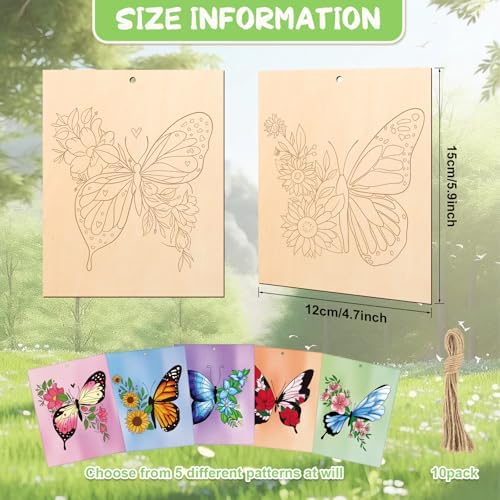 COCHIE 10 Pieces Large Spring Butterfly Unfinished Wood Crafts to Paint for Adults, Bulk Predrilled Wooden Ornaments for Painting, Butterflies Paintable Wood Slices Craft Supplies with Ropes - Image 2
