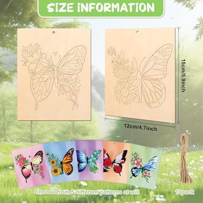 COCHIE 10 Pieces Large Spring Butterfly Unfinished Wood Crafts to Paint for Adults, Bulk Predrilled Wooden Ornaments for Painting, Butterflies Paintable Wood Slices Craft Supplies with Ropes - Image 2