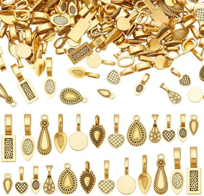 PH PandaHall 220pcs 12 Styles Golden Jewellery Bails Glue on Bails Pendant Bail Alloy Flat Pad Bail Tibetan Style Pendant Connectors for Earrings Necklace Jewellery Making 8~26mm by PHPandaHall