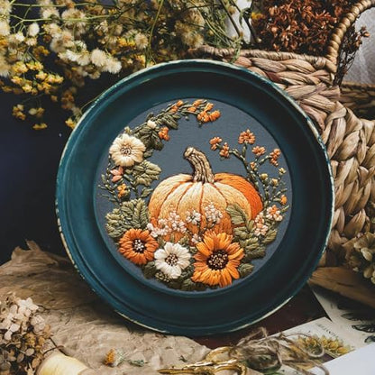 FONNUY Pumpkin Embroidery Kit for Beginners, Pre-Stamped Pattern Kits for Adults with Hoop, Easy to Follow Color Thread Needlework, 8'' Hoop (Yellow) - Image 2