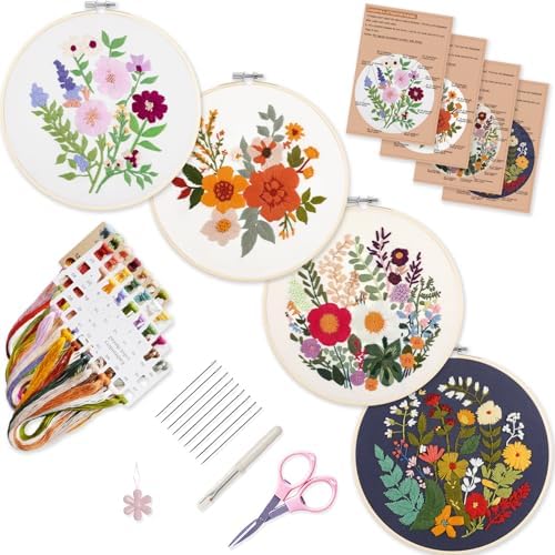 Bonroy 4 Sets Embroidery Kit for Beginners with Instructions,Cross Stitch Kits for Adults with Pattern,Needlepoint Kits for Adult Include Embroidery Cloth Hoops Needles Threads by Bonroy