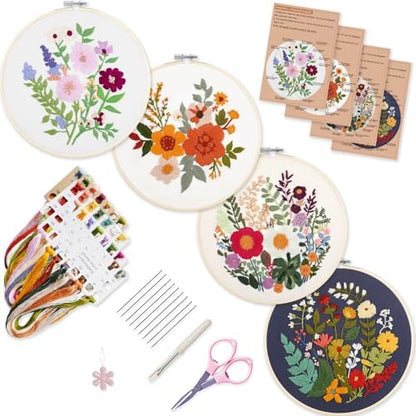 Bonroy 4 Sets Embroidery Kit for Beginners with Instructions,Cross Stitch Kits for Adults with Pattern,Needlepoint Kits for Adult Include Embroidery Cloth Hoops Needles Threads by Bonroy