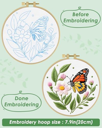 ERKOON Embroidery Kit for Beginners Adult, Flower Cross Stitch Set Include Embroidery Cloth Hoops Threads for Craft Lover Hand Stitch with Embroidery Skill Techniques (Butterfly) - Image 5