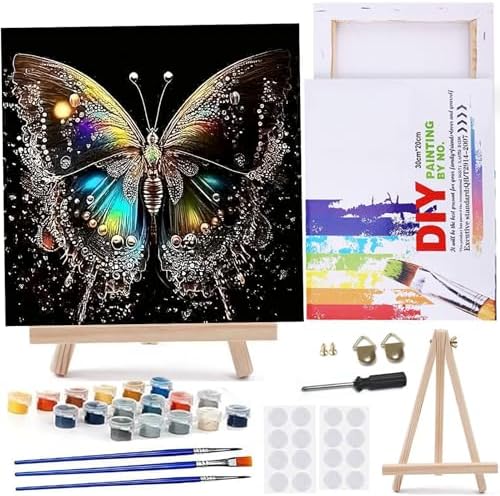 MaiMMaledy Paint by Numbers Kit 10Lx10W inch for Adults Beginners Canvas Pictures with Framed Drawing Painting Acrylic Pigment with Wooden Triangle Easel Black Butterfly by MaiMMaledy