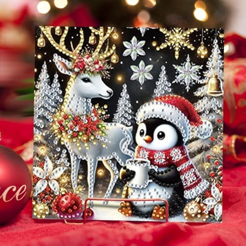 Diamond Art Christmas Cards Kit, 6PCS DIY Diamond Painting Christmas Cards with Envelopes, 5D Diamond Dot Greeting Cards for Adults, Xmas Card for Holiday Crafting Gifts (Christmas Penguin) - Image 7