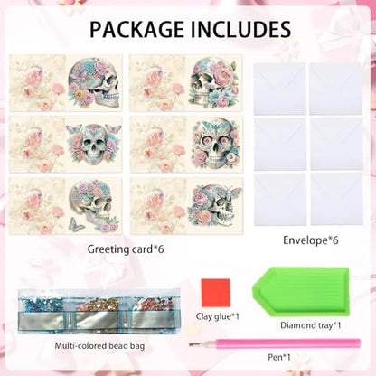 6-Pack Flower Skulls Diamond Painting Greeting Card Kits, Special Shaped Diamonds Painting, DIY Handcraft for Relatives and Friends with Wishes,Unique Design Crafting for Birthday or Holiday Cards - Image 3