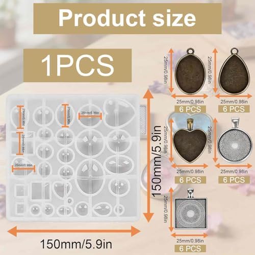 Resin Casting Mold Jewelry Making Kit with 30 Metal Pendant Trays and Silicone Mold, Heart Teardrop Round Oval Square Shapes for DIY Earrings Necklaces Bracelets Crafts Gifts - Image 2