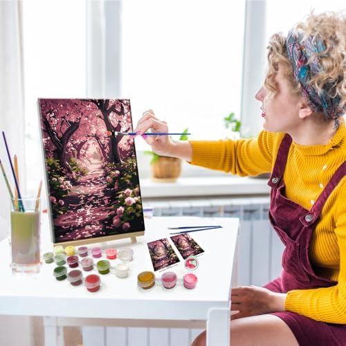 JOOZ Paint by Numbers Kit for Adults Landscape Paint by Number with Frame DIY Cherry Blossom Paint by Number with Easel Flowers Paint by Numbers Kit on Canvas for Gift Home Wall Decor 7.87x11.81 Inch - Image 3