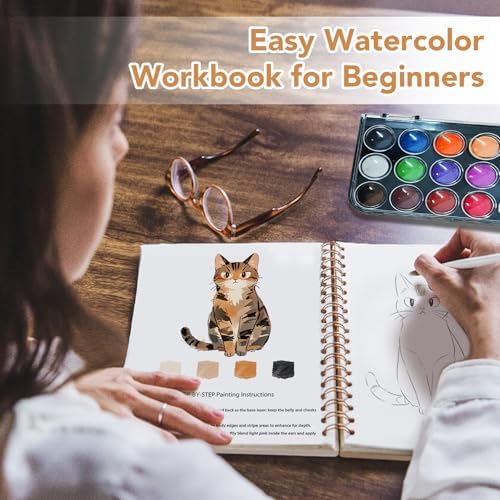 Easy Watercolor Workbook for Beginners - 12 Beautiful Step-by-Step Paintings Water Coloring Book, Includes 18 Colors Paints, Relaxing Art Projects and Creative Gift for Adults & Teen (Cats) - Image 2
