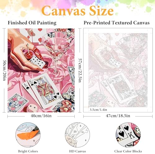 Paint by Numbers Kit for Adults, Pink Cocktail & Playing Cards, 16x20 Inch - Image 2