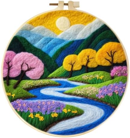 CaptainCrafts DIY Needle Felting Starter Kit with Picture Hoop, Foam Pad Felt Cloth Instructions for Home Decoration Beginner Art Craft (Mountain River Garden) by CaptainCrafts