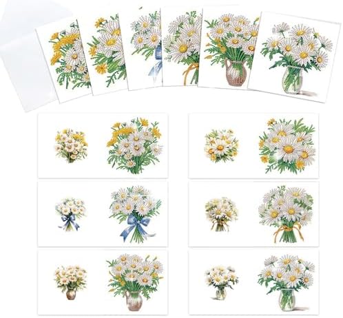 MVVMTOP 6pcs Diamond Art Painting Greeting Card, Bouquet DIY Daisy Diamond Art Greeting Card for Blessing and Wishe Special Shaped Diamond Arts Crafts for Birthday Thanksgiving Day by MVVMTOP