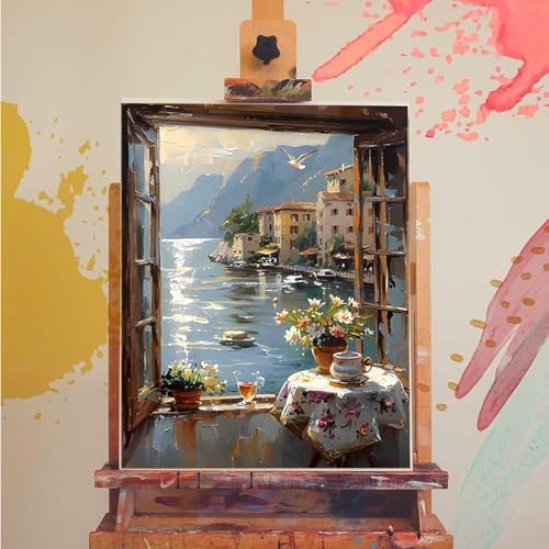 Balcony Paint by Numbers Kit for Adults Sea Paint by Numbers, DIY Acrylic Watercolor Oil Painting Kits for Adults Beginners with Brushes, Hobbies for Women for Home Wall Decor, Gifts 28x38 in E-28 - Image 3