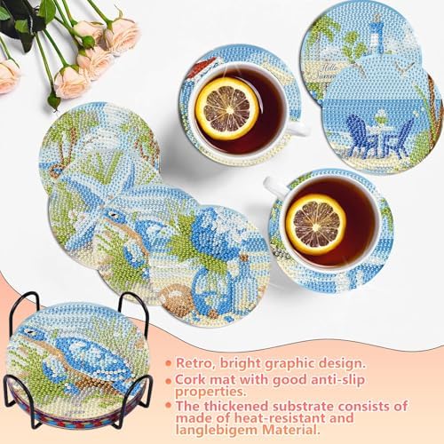 hkejoi 8 Pcs Beach Diamond Art Coasters Kit for Adults, Beach Diamond Painting Coasters with Holder, 5D Gem Art DIY Crafts Diamond Dots for Gift Life - Image 2