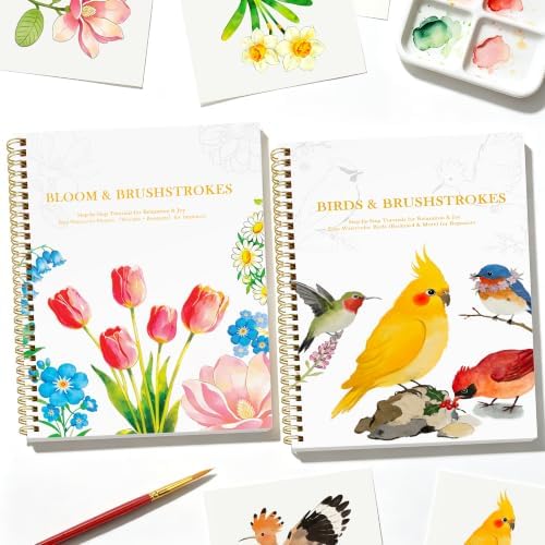 Creazic 2-Pack Watercolor Workbook for Beginners, Pre-Sketched Floral & Bird Coloring Book, 24 Projects on 140lb/300gsm Watercolor Paper, Step-by-Step Tutorial to Relax & Spark Joy for Adults & Teens by Unknown