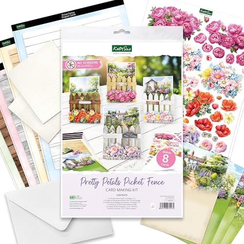 Katy Sue Pretty Petals Picket Fence Card Making Kit. Contains 8 Shaped Cards, 2 Sheets of Die Cut Decoupage, Foam Pads, 8 Envelopes & Instructions. for Card Making Supplies & Card Crafting - Image 2