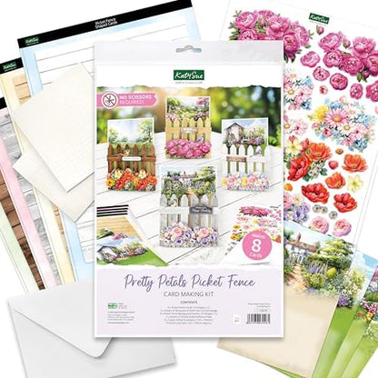 Katy Sue Pretty Petals Picket Fence Card Making Kit. Contains 8 Shaped Cards, 2 Sheets of Die Cut Decoupage, Foam Pads, 8 Envelopes & Instructions. for Card Making Supplies & Card Crafting - Image 2