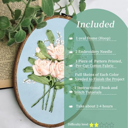 FONNUY Ribbon Embroidery 3D Flowers Pattern Design Kit Embroidery DIY Handwork Set Oval Home Decoration (Champagne Rose) - Image 2