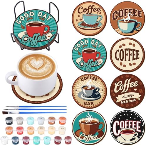 Reallnaive 8 Pcs Coffee Paint by Numbers Kit for Adults Wooden Coaster by Reallnaive