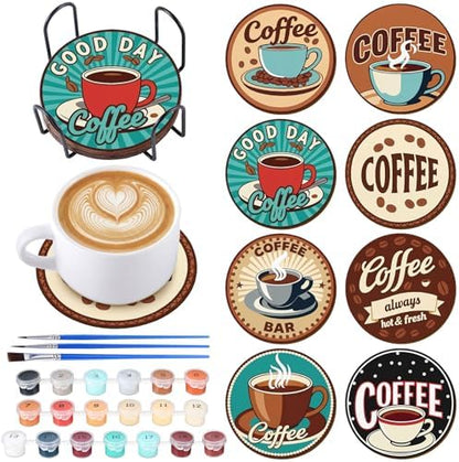 Reallnaive 8 Pcs Coffee Paint by Numbers Kit for Adults Wooden Coaster by Reallnaive