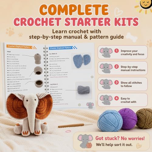JYZJDKE Crochet Kit for Beginners Adults - DIY Amigurumi Elephant Knitting Starter Kit with Yarn Sets, Crochet Animal Kit Cute Stuffed Animal Craft Birthday Gifts (Beige White+Tiffany Green Elephant) - Image 5