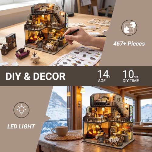 DIY Miniature House Kit, Fairy Dollhouse for Adults to Build, Mini Home Building Kit with Wooden Furniture & LED Lights,Garden Detials, Gift for Family and Friends (Fortunate Encounter Café) - Image 5