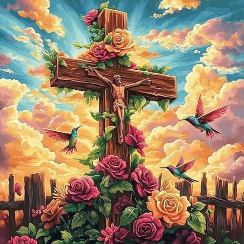 Paint by Numbers Kit for Adults, Christian Cross & Roses Design, 16x16 Inch by Okarina