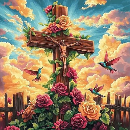 Paint by Numbers Kit for Adults, Christian Cross & Roses Design, 16x16 Inch by Okarina