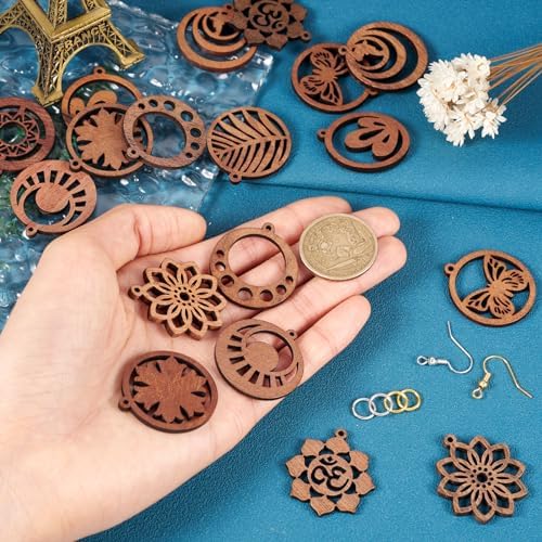Elecrelive Wood Filigree Earrings Making Kit 20pcs Flat Round Earring Charms Hollow Wood Pendants for DIY Earring Necklace Jewelry Making - Image 6