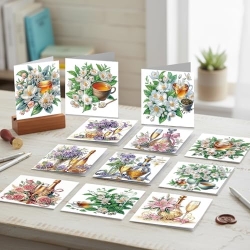 jinglinhh 12pcs Diamond Art Painting Flower Drink Greeting Cards with Envelopes, DIY Card Making Kits for Adults, Diamond Art Postcards Christmas Cards Craft Gifts - Image 4