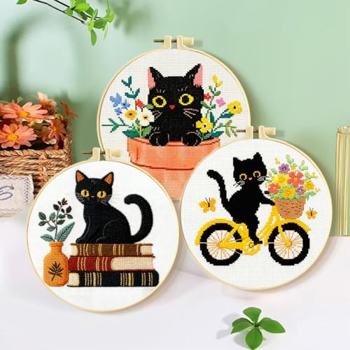 Zhenqing 3-Piece Black Cat Cross Stitch Kit for Beginners - Complete Set with Pre-Printed 11CT 24x24cm Fabric, Hoop, Threads & Tools (3 Adorable Cat Designs)(70403) - Image 2