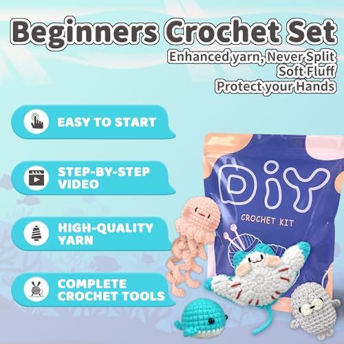 YAMAXIN Crochet Kit for Beginners – Ocean Animal Amigurumi DIY Yarn Kit with Step-by-Step Instructions, Tools & Soft Yarn – 4 Pack Crochet Kit Gift for Adults - Image 4
