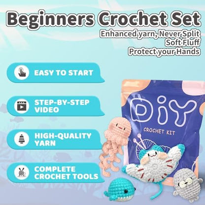 YAMAXIN Crochet Kit for Beginners – Ocean Animal Amigurumi DIY Yarn Kit with Step-by-Step Instructions, Tools & Soft Yarn – 4 Pack Crochet Kit Gift for Adults - Image 4