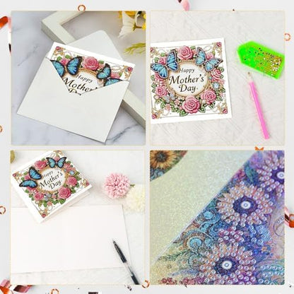 Tontut 6pcs 5D Diamond Art Painting Greeting Card Kit, Butterfly Flower Adult DIY with Envelope, Special Shape Diamond Design Greeting Card Creative Birthday Holiday Gift - Image 5