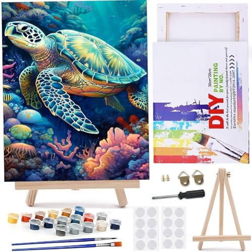 MaiMMaledy Paint by Numbers Kit for Adults Beginners 8Wx12L inch Canvas Pictures with Framed Drawing Painting Works with Wooden Triangle Easel Acrylic Pigment Sea Turtle by MaiMMaledy