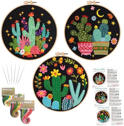 Nuberlic 3 Pack Embroidery Kit for Beginners with Cactus Pattern by Nuberlic