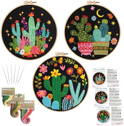 Nuberlic 3 Pack Embroidery Kit for Beginners with Cactus Pattern by Nuberlic