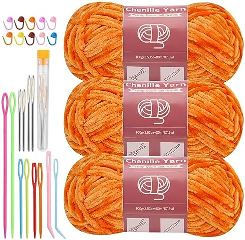 LUNARM Chenille Yarn 3 Pack 3.5oz Chunky Blanket Velvet Yarn 263 Yard by Lunarm